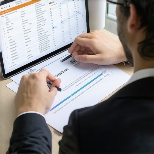 Accountant reviewing digital financial data on multiple screens for audit