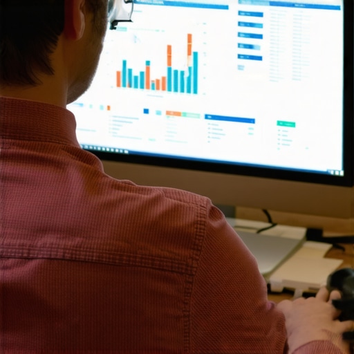 An accountant analyzing financial software on a computer, ensuring accuracy in bookkeeping and payroll management.