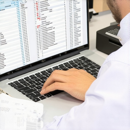 Accountant analyzing payroll records on a computer to ensure IRS compliance