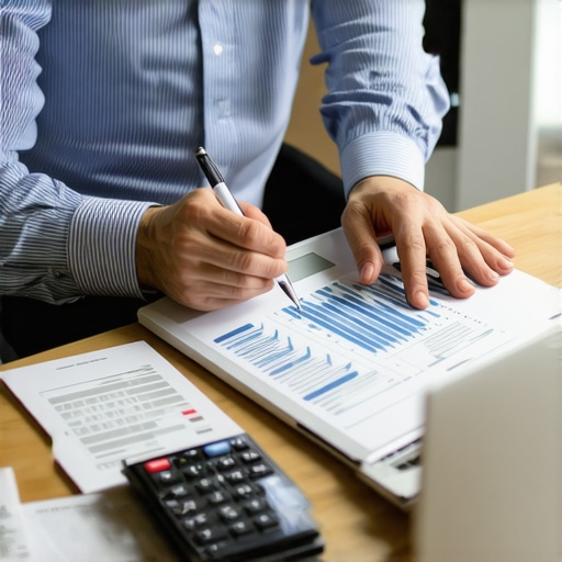 Person analyzing financial records on their desk with financial tools.