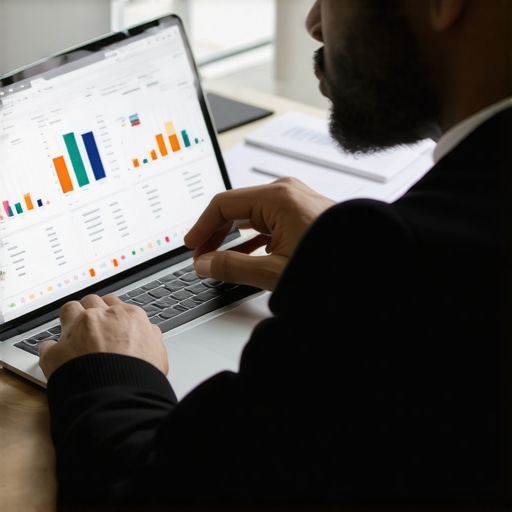 A person analyzing financial data on a laptop in a professional office environment.