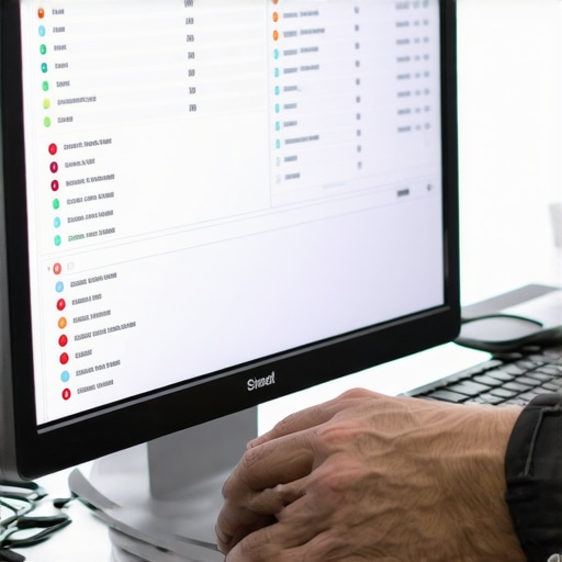 Close-up of a person verifying bank transactions on a computer for payroll processing.