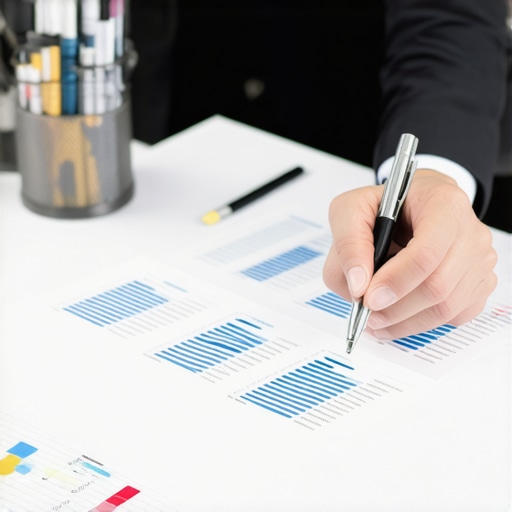 CPA analyzing financial documents with calculator and laptop