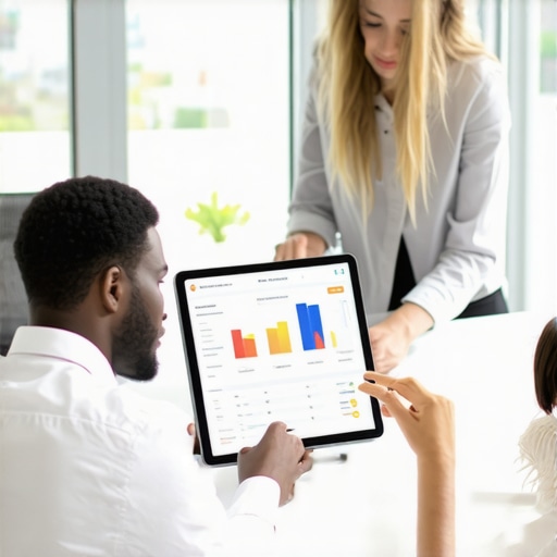 Team of professionals reviewing payroll data on a tablet in modern office
