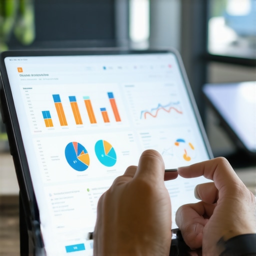 Person tracking business assets using a tablet in a modern office environment.