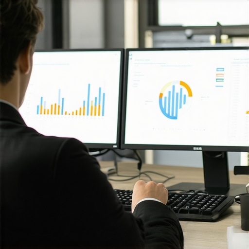 Digital Bookkeeping in Action Accountant working with cloud accounting software and financial data on dual monitors.