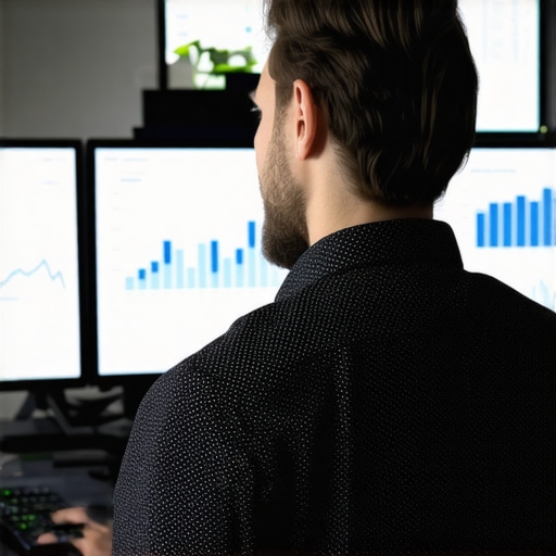 Accountant using multiple monitors displaying financial data and graphs.