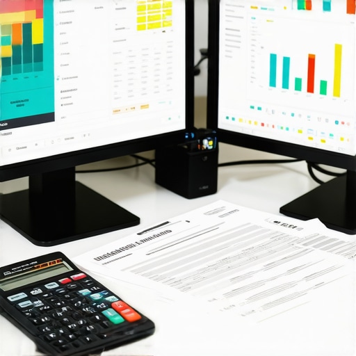 A professional accountant's workspace with active accounting software on screens, documents, and calculator.