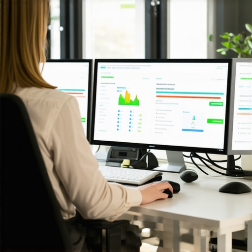 Efficient Bookkeeping and Payroll Tools in Action Accountant managing digital bookkeeping and payroll systems with multiple screens in a sleek office