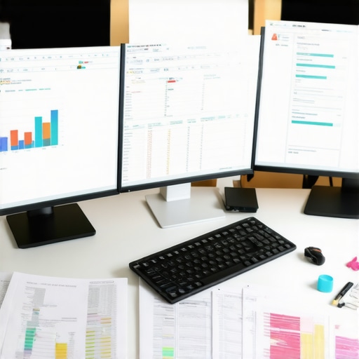 Accountant reviewing financial data with multiple screens and documents.