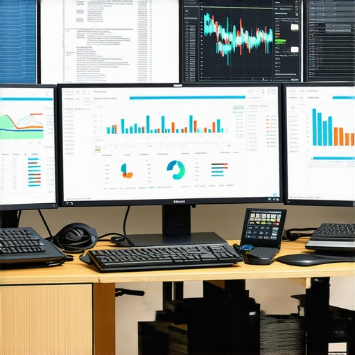 Efficient Business Financial Management Tools A high-tech office setup displaying business accounting dashboards and financial data.