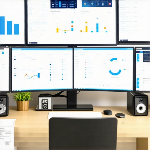A professional accountant's desk with monitors showing financial analytics and receipt management software.