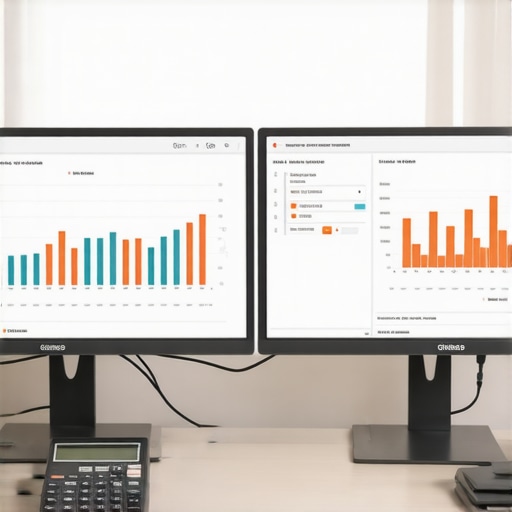 Efficient Financial Management Setup A professional accountant working on dual monitors with financial data and accounting software.