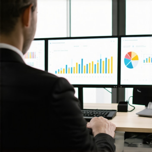 Efficient Financial Management Tools in Action Accountant managing bookkeeping software and data integrations in an office