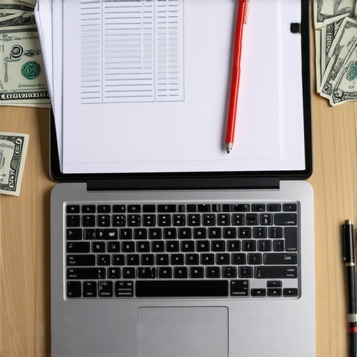 Efficient Financial Workspace A clean desk with a laptop displaying accounting software, financial reports, and a pen, representing streamlined bookkeeping and payroll systems.