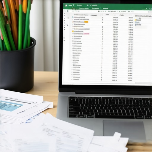 Efficient Financial Workspace A laptop displaying accounting software alongside organized financial papers in a modern office environment.