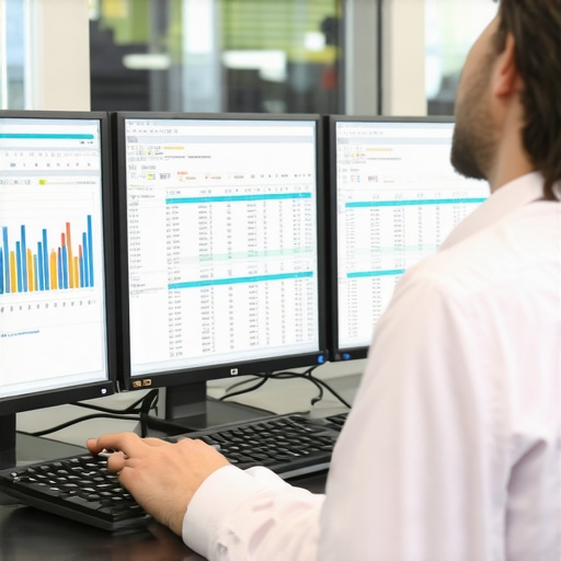 Accountant analyzing financial data on computer screens with inventory and payroll spreadsheets.