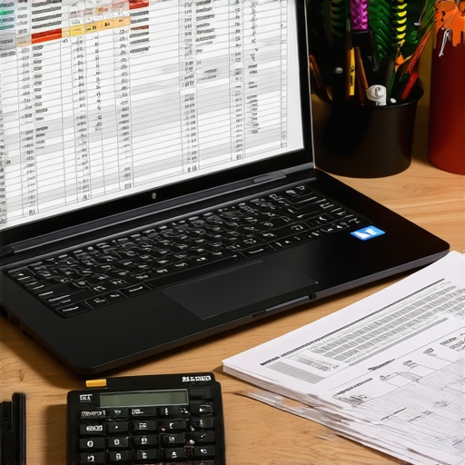 Laptop with payroll spreadsheets and calculator on a tidy desk.