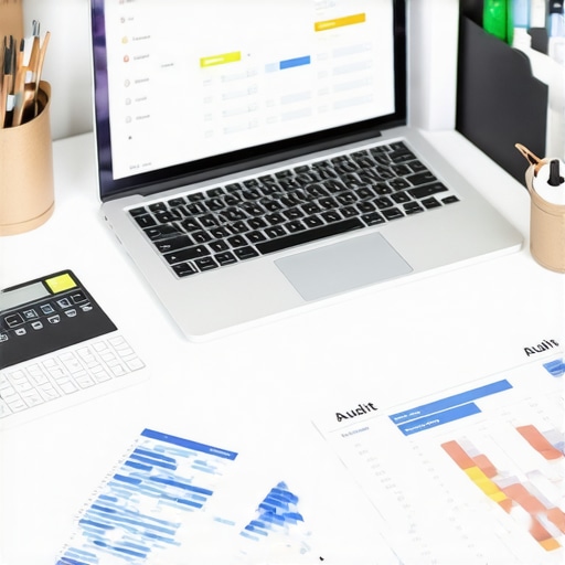 Financial Management Tools Workspace Laptop showing accounting software on a desk with documents and a planner.