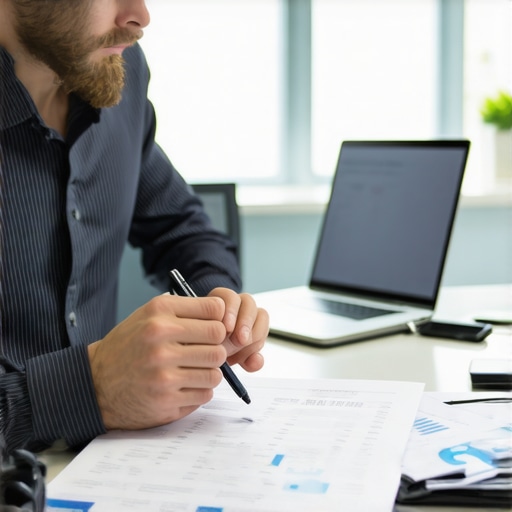 Business owner and CPA discussing financial documents at a desk in an office