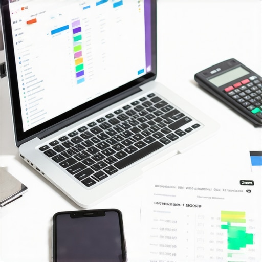 A workspace with accounting software on a laptop, financial documents, and a calculator illustrating tools for managing business finances.