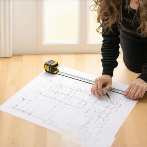 Home Office Measurement Person measuring a corner of their home office with a tape measure and drawing a layout sketch.