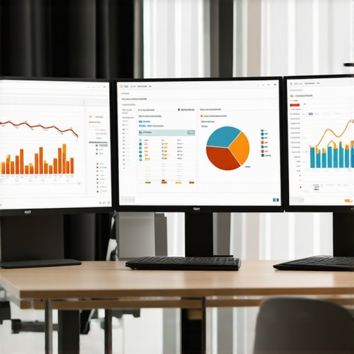 Multiple monitors in an office showing accounting and payroll software dashboards, symbolizing efficient CPA operations.