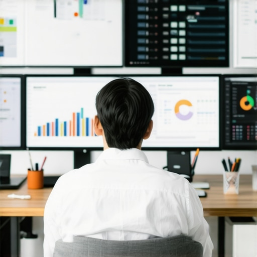 A professional monitoring financial software on multiple screens at a sleek desk, symbolizing system maintenance and technology integration