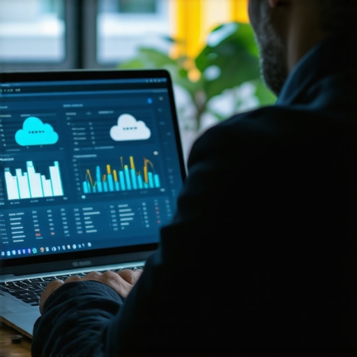 Modern Accounting Software Dashboard Accountant working with cloud-based financial tools on a laptop, analyzing charts and reports.