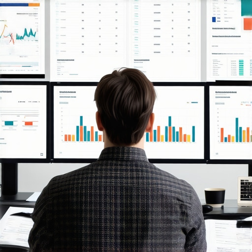 Modern Bookkeeping Setup An accountant managing bookkeeping on multiple digital screens showing financial data.