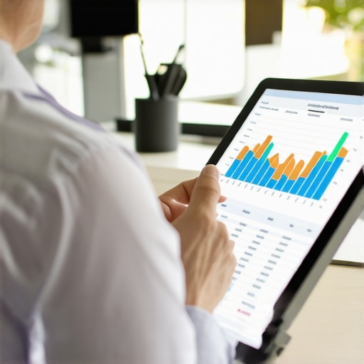 Modern CPA Workflow with Cloud Software Accountant working on cloud accounting software on a tablet, analyzing financial data and graphs.