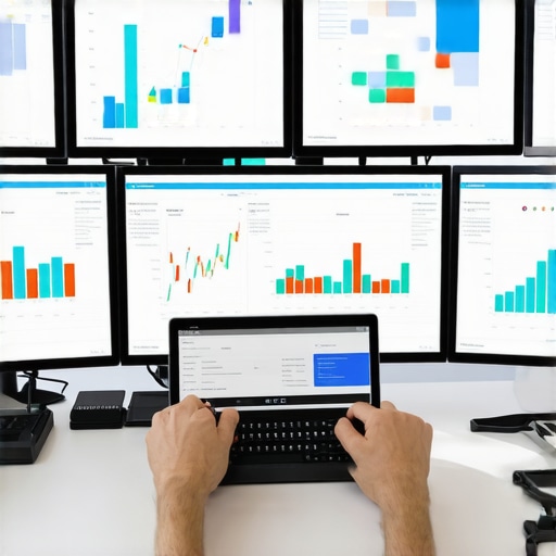 Modern Financial Management with Technology Accountant reviewing digital dashboards on multiple screens to showcase automation and AI in bookkeeping.