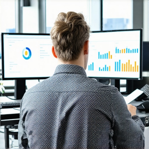 Accountant working with multiple monitors displaying financial data and automation tools