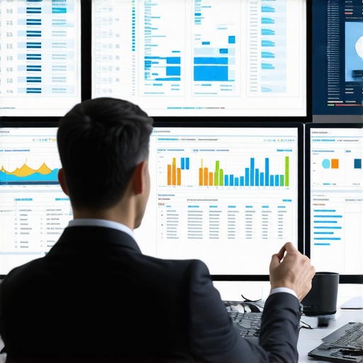 Modern financial management setup for small businesses Accountant analyzing digital financial dashboards with automation tools.