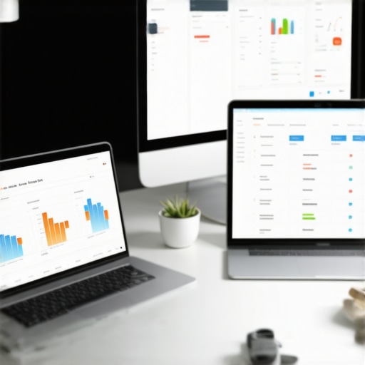 Laptop screens showing accounting dashboards and financial reports in a well-organized office setting.