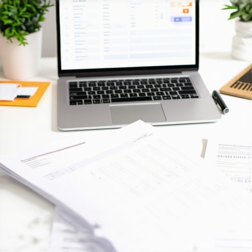 Organized Bookkeeping Workspace A modern workspace showing a laptop with accounting software, notes, and financial documents