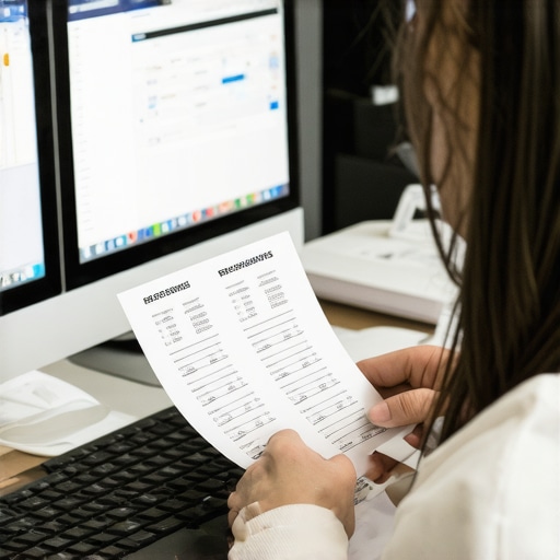 A person sorting and categorizing receipts on a laptop in an office setting