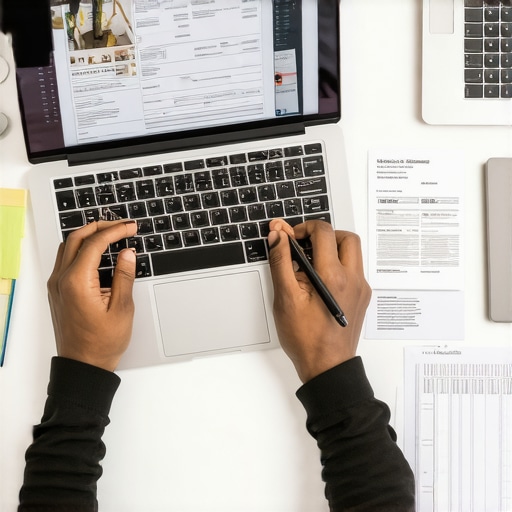 Business owner scanning receipts and managing expenses on a laptop.