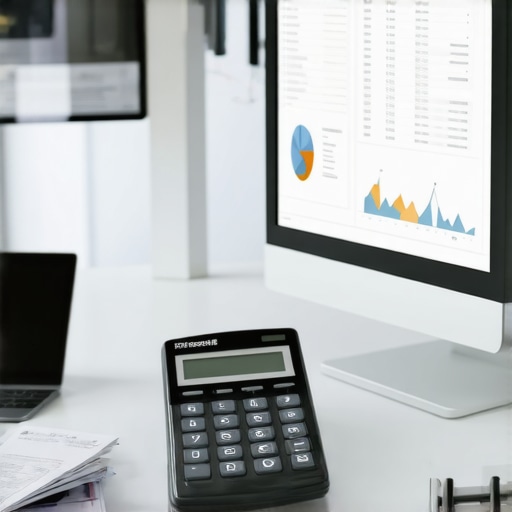 Organized Financial Workspace with Software Tools Modern office setup with accounting software on screens and financial documents, emphasizing efficient bookkeeping and payroll management.