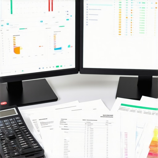 Organized accountant workspace with financial software A tidy desk with dual monitors showing accounting dashboards, illustrating effective financial system maintenance.