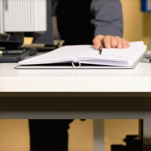 A well-organized desk with labeled folders, a computer screen displaying financial categories, and clear filing materials on the table.