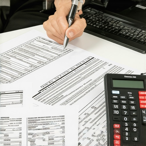 Accountant analyzing multiple state sales tax forms and digital financial data on a laptop
