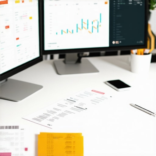 Streamlined Bookkeeping Environment A tech-savvy accountant's workspace with digital financial tools and receipts.