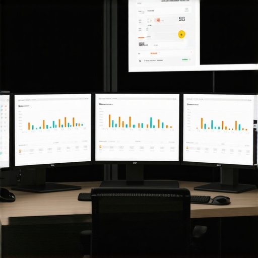 Streamlined Financial Management Workspace A digital workspace with multiple screens showing financial dashboards and automation tools.