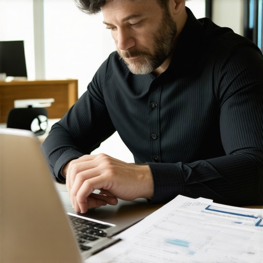 Business owner analyzing worker classification and payroll setup on laptop