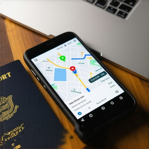 Smartphone showing GPS tracking app next to a laptop and passport on a desk.