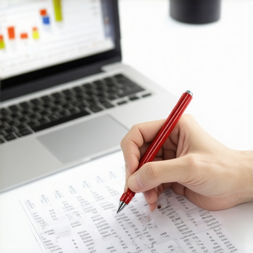 Business owner manually auditing financial records for payroll tax errors.