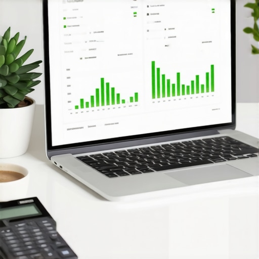 A professional home office setup showing small business accounting software and financial growth charts on a laptop screen.