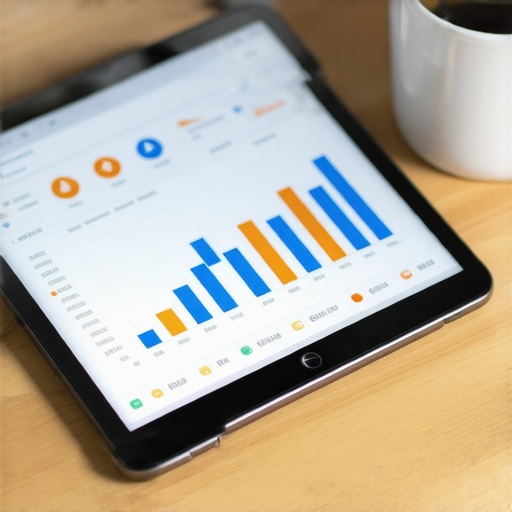 Modern Business Financial Dashboard and Tools A digital tablet showing financial automation and bookkeeping software on a modern office desk.
