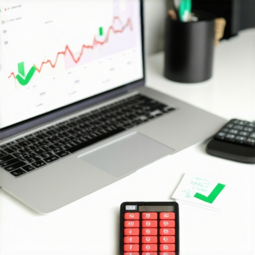 A minimalist workspace showing financial tools and a dashboard representing clean business accounting.